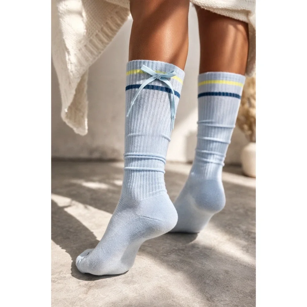 Free People FP Movement Slouchy‎ Knee High Socks Blue Bow Striped Athletic NWT